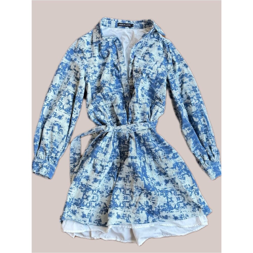 House of Lancry Watercolor Sky Print Belted Mini Dress